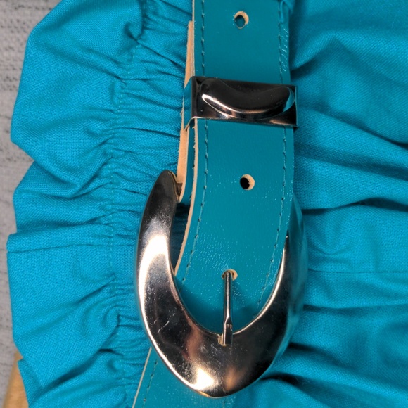 Vintage High Waist, Paper Bag Turquoise Shorts with Statement Belt - Picture 7 of 7